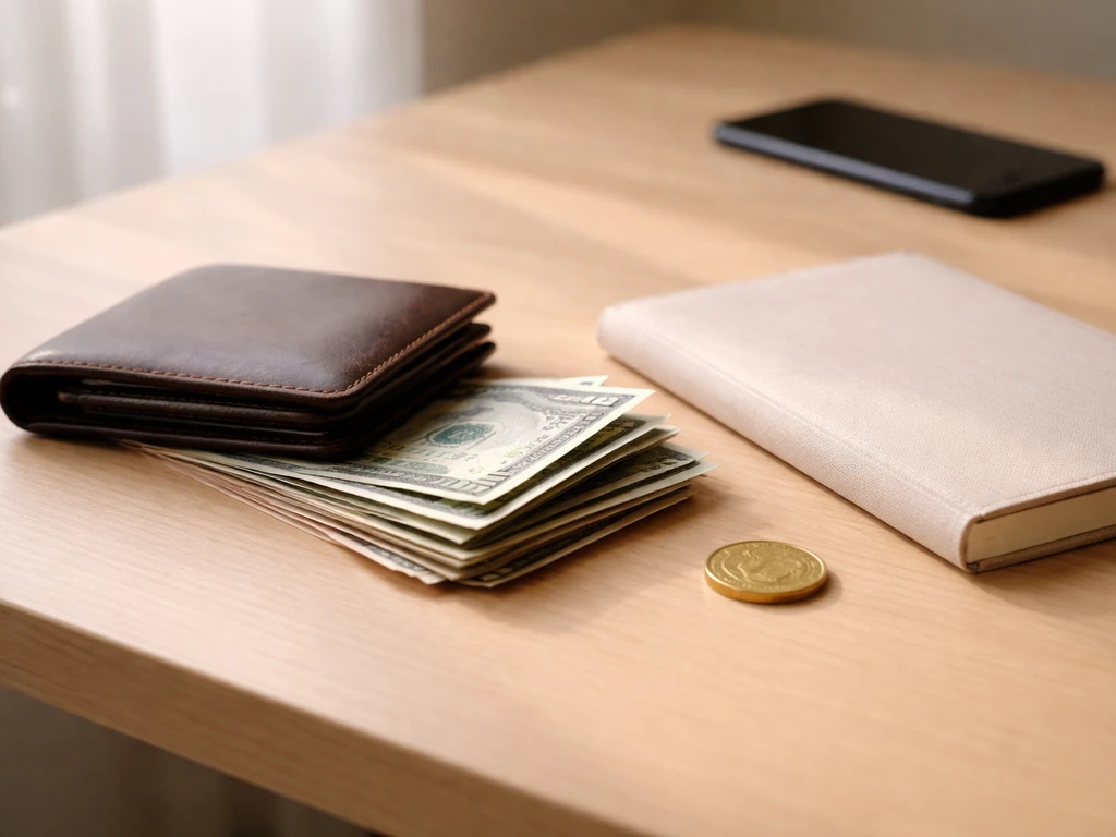 Minimal desk scene with wallet, cash, and a coin symbolizing a net worth range midpoint.