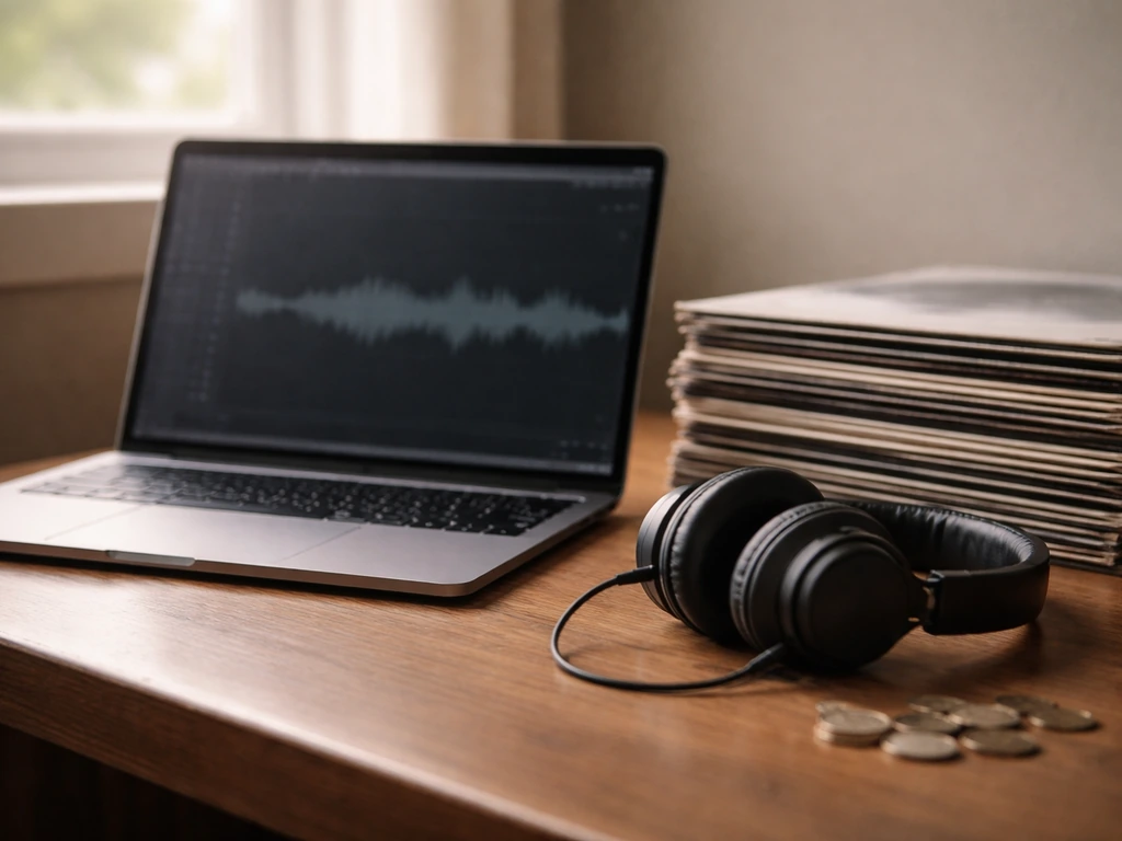 Music studio desk with headphones, vinyl records, coins, and a laptop showing an unreadable waveform.