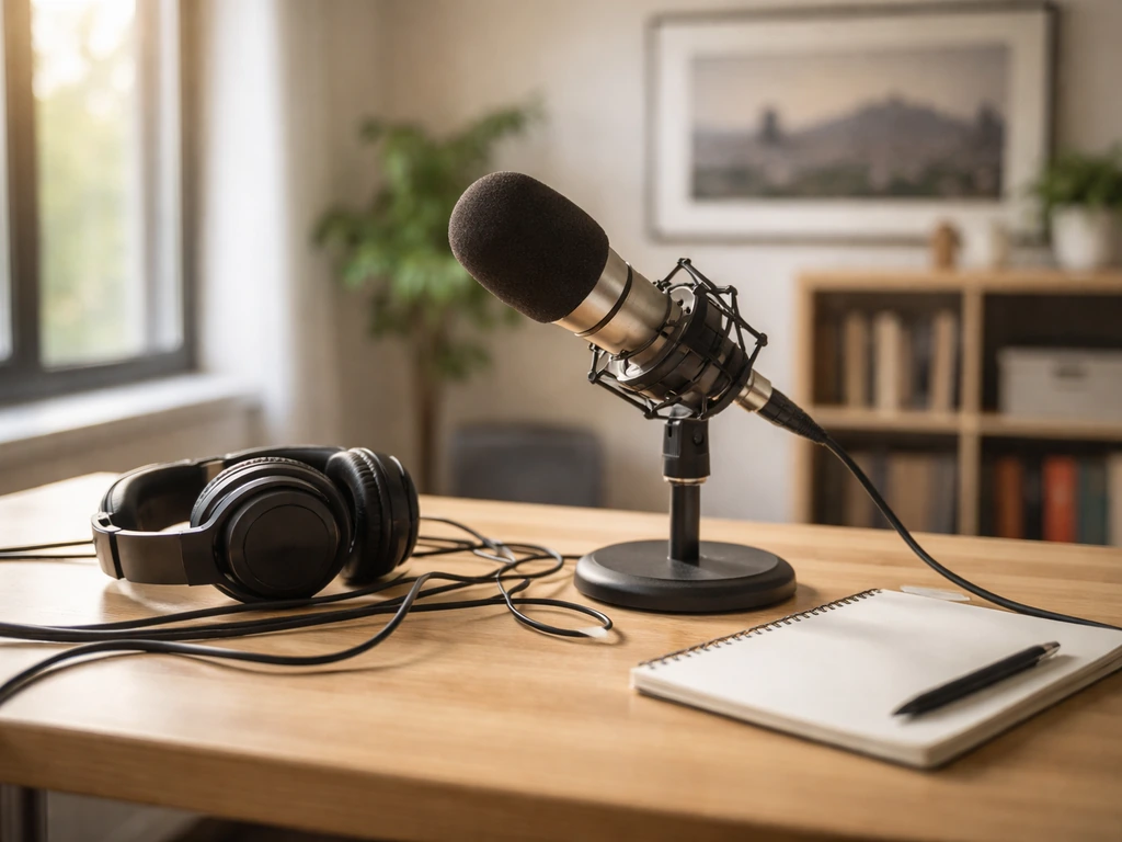 Studio desk with a microphone and headphones under natural light, symbolizing a broadcaster profile.