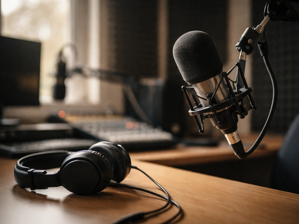 Close-up of a radio studio microphone and headphones on a desk, suggesting broadcasting and income.