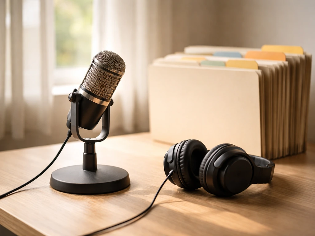 Minimal radio studio desk with microphone, headphones, and folders symbolizing media career milestones.