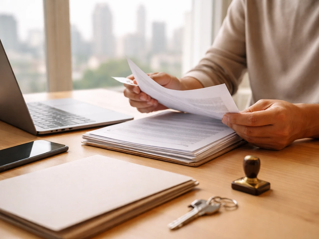 Person at a desk organizing paperwork for property and company record checks