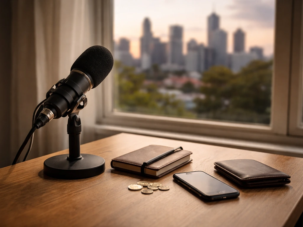 Minimal desk scene with a microphone and Australian skyline backdrop, symbolizing a TV star’s net worth analysis