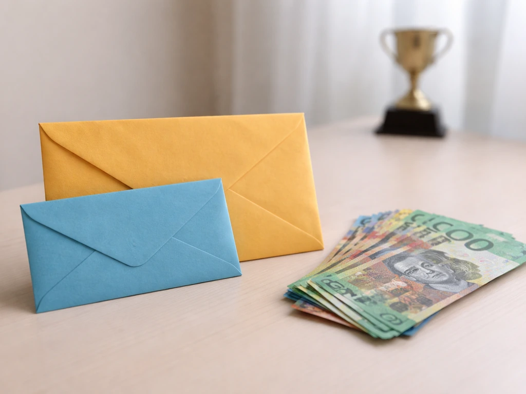 Minimal desk scene with envelopes and Australian banknotes suggesting big prize vs smaller payout.