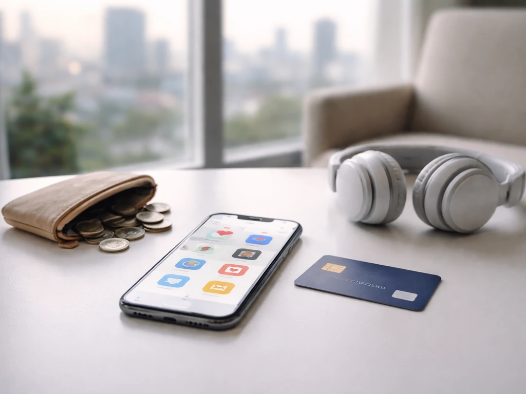 Minimal desk with smartphone, payment card, coin pouch, and headphones symbolizing sponsorship income channels.