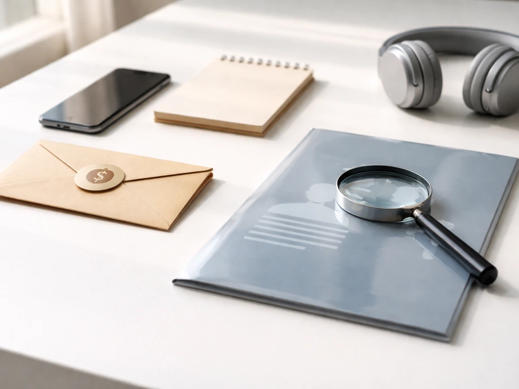 Desk scene with phone, magnifying glass, blank notepad, and media items suggesting verifying a rumored number