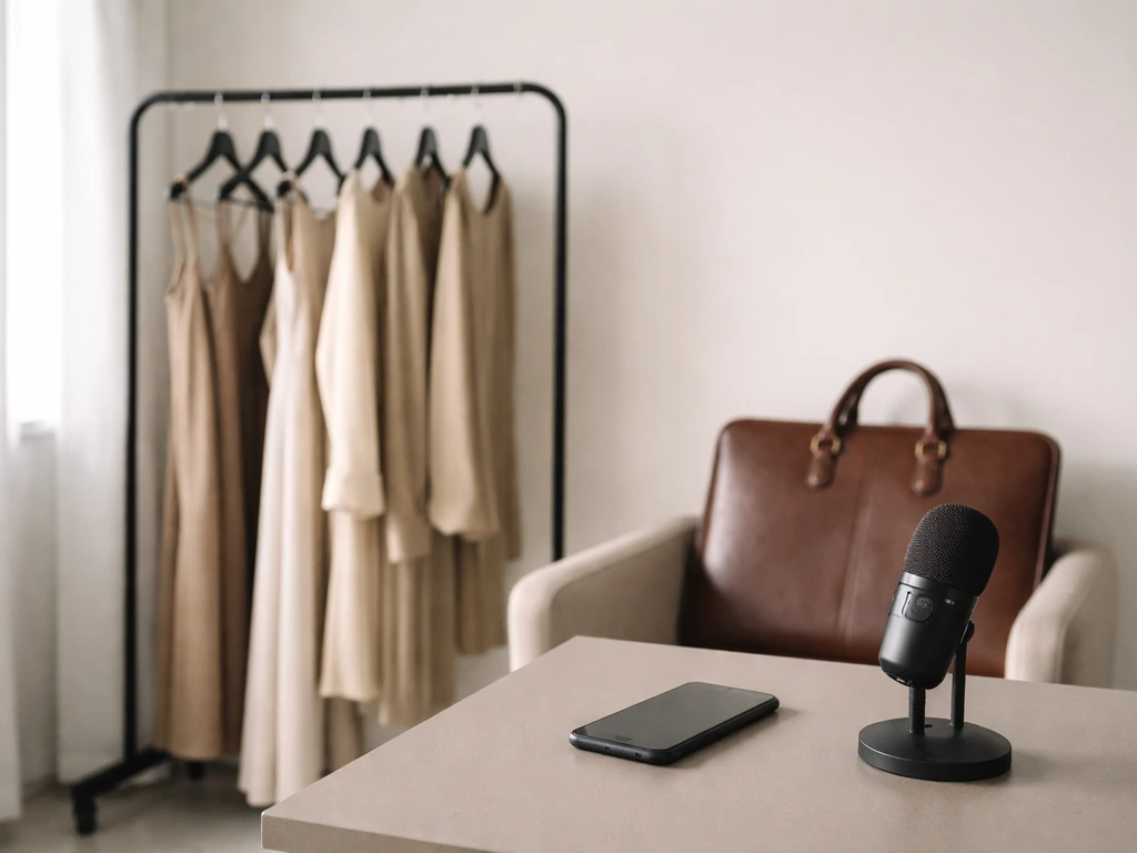 Minimal fashion studio table with garment rack and briefcase, evoking media and net worth research.