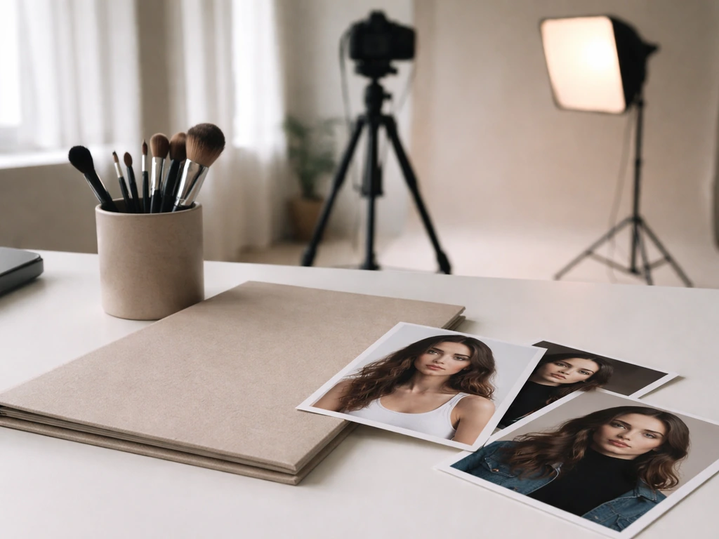 Fashion studio desk with portfolio prints, brushes, and a camera setup representing modeling work.