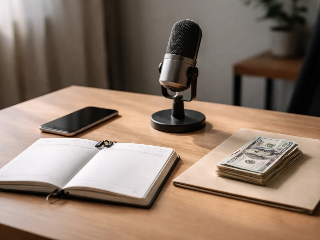 Minimal photo of a desk with a smartphone, studio mic, and neatly arranged bills suggesting model income sources.