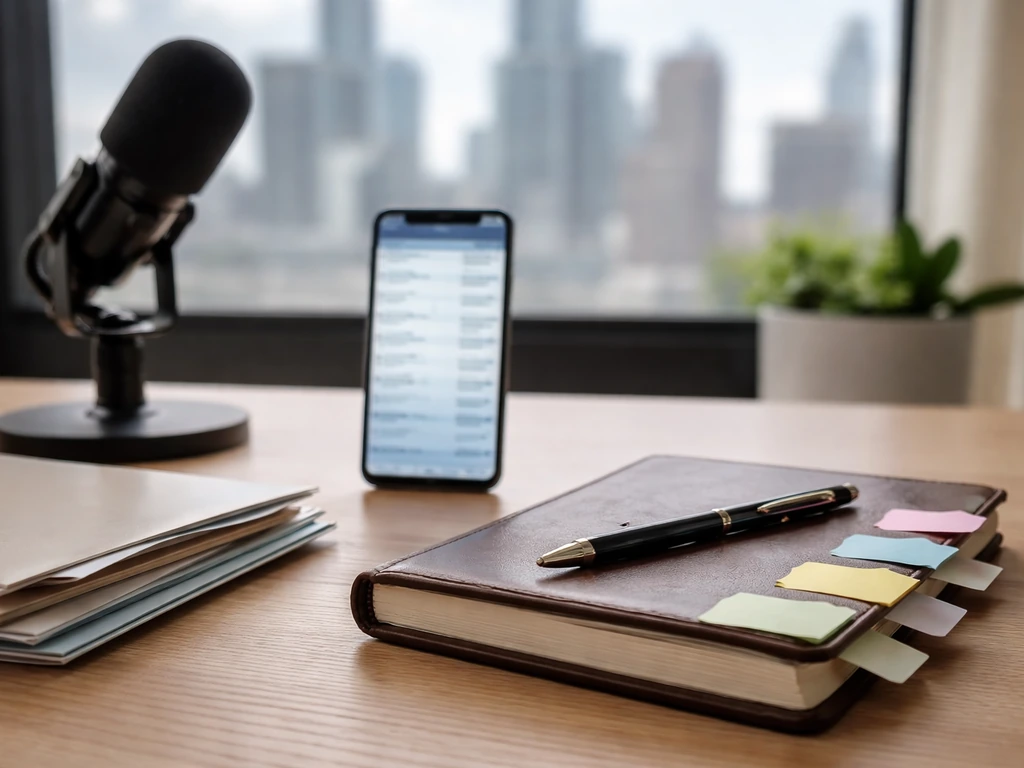 Minimal desk scene with phone, microphone, folders, and time-like sticky tabs suggesting changing estimates