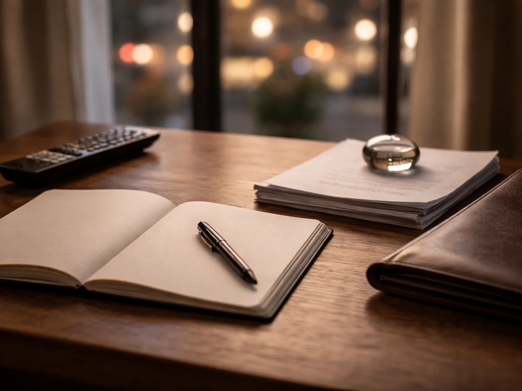 Minimal writer’s desk with blank notebook, pen, and script pages beside a leather portfolio, warm window light.