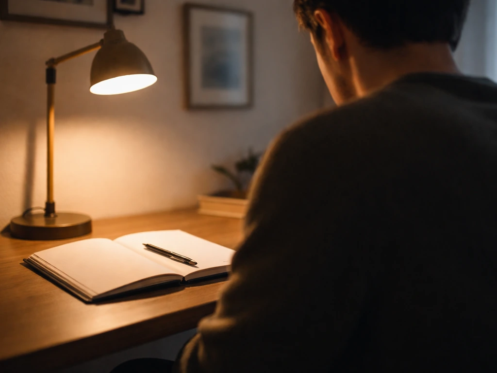 Writer at a desk with a notebook and pen in a quiet home studio, symbolizing Aziza Barnes