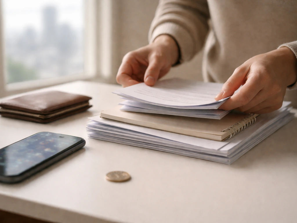 Anonymous hands organize documents, wallet, and coins on a desk with blurred financial data on a phone
