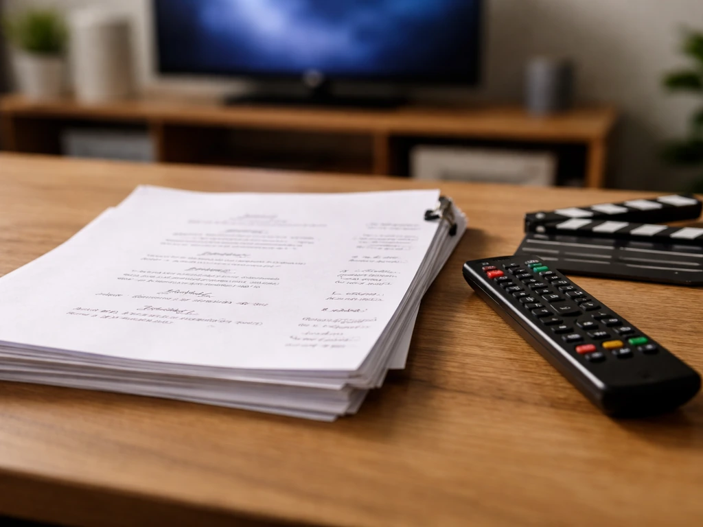 Desk close-up with TV script pages and a clapperboard beside a softly glowing TV screen