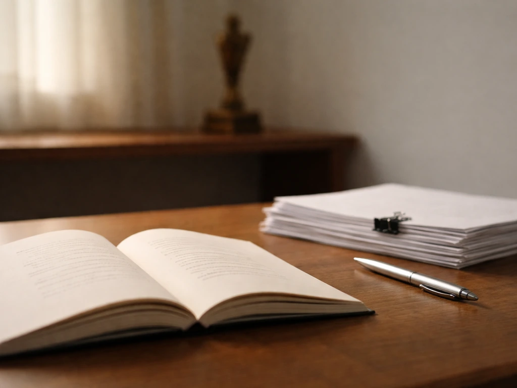 Minimal desk with an open poetry book, manuscript pages, a pen, and a blurred award-like trophy