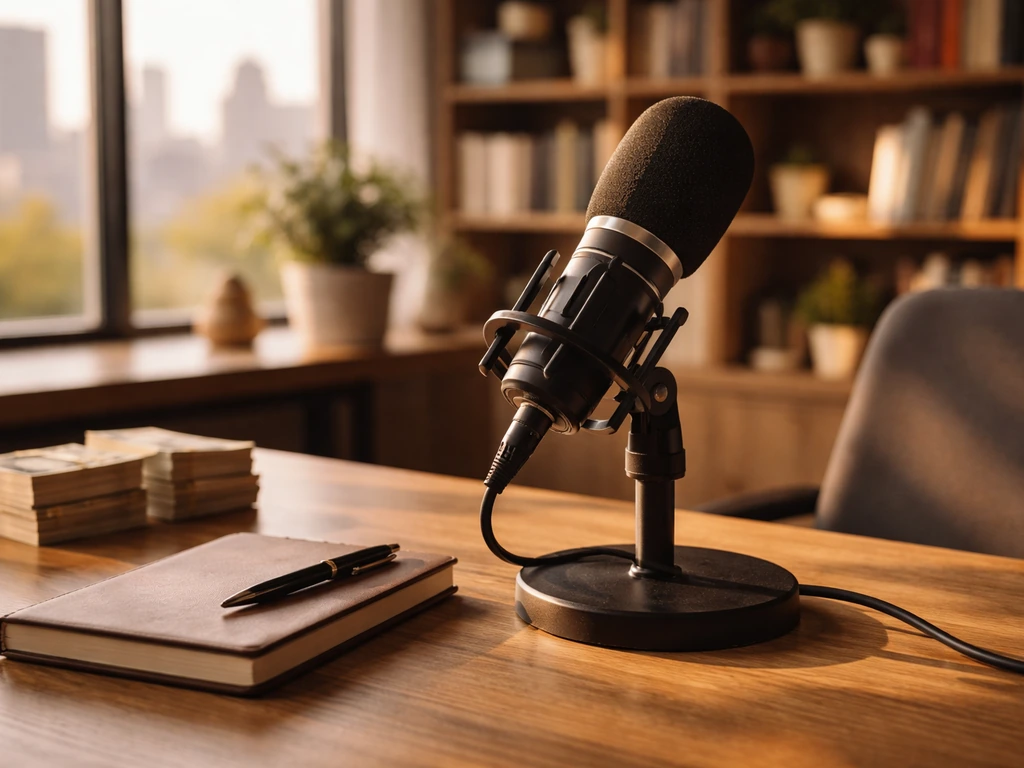 Minimal media-and-finance scene: podcast microphone beside a notebook and cash-toned lighting in a studio office