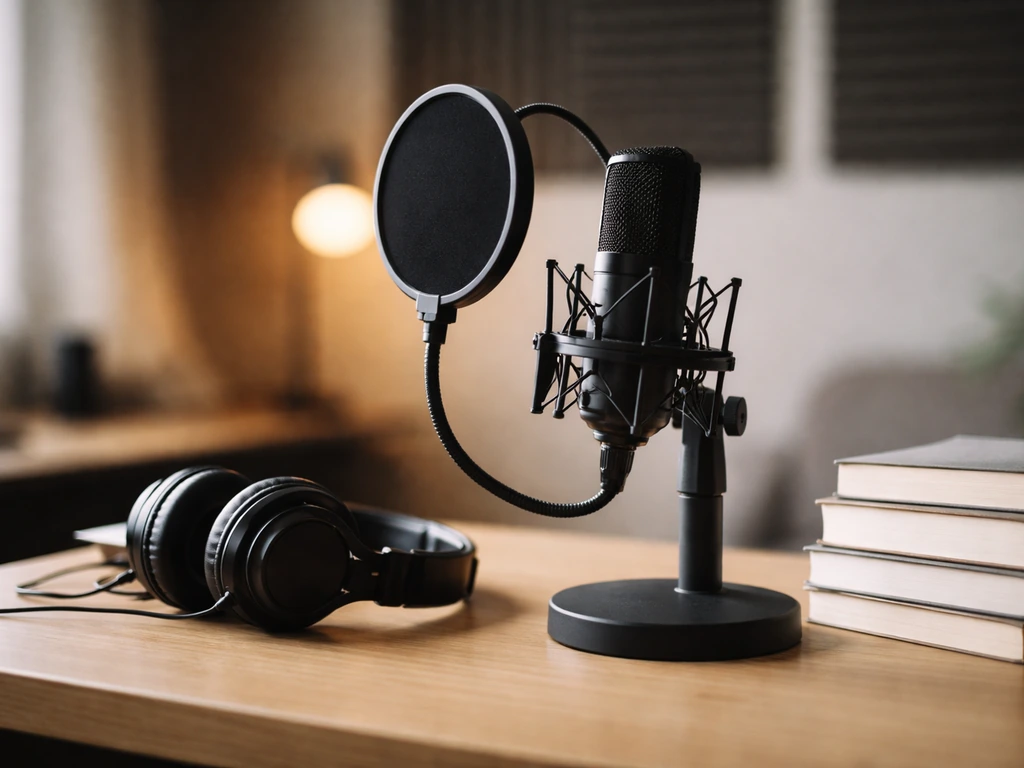 Podcast recording setup with a microphone and a small stack of books on a studio desk