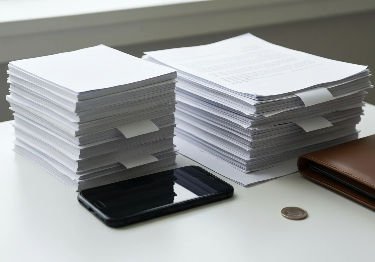 Two stacks of documents side-by-side on a desk with a smartphone and coins, suggesting differing financial estimates.