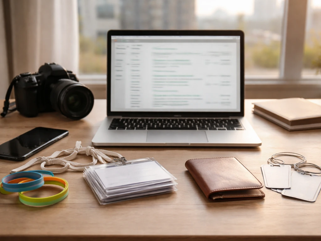 Minimal office desk scene with travel and event items, suggesting a travel-management business identity.