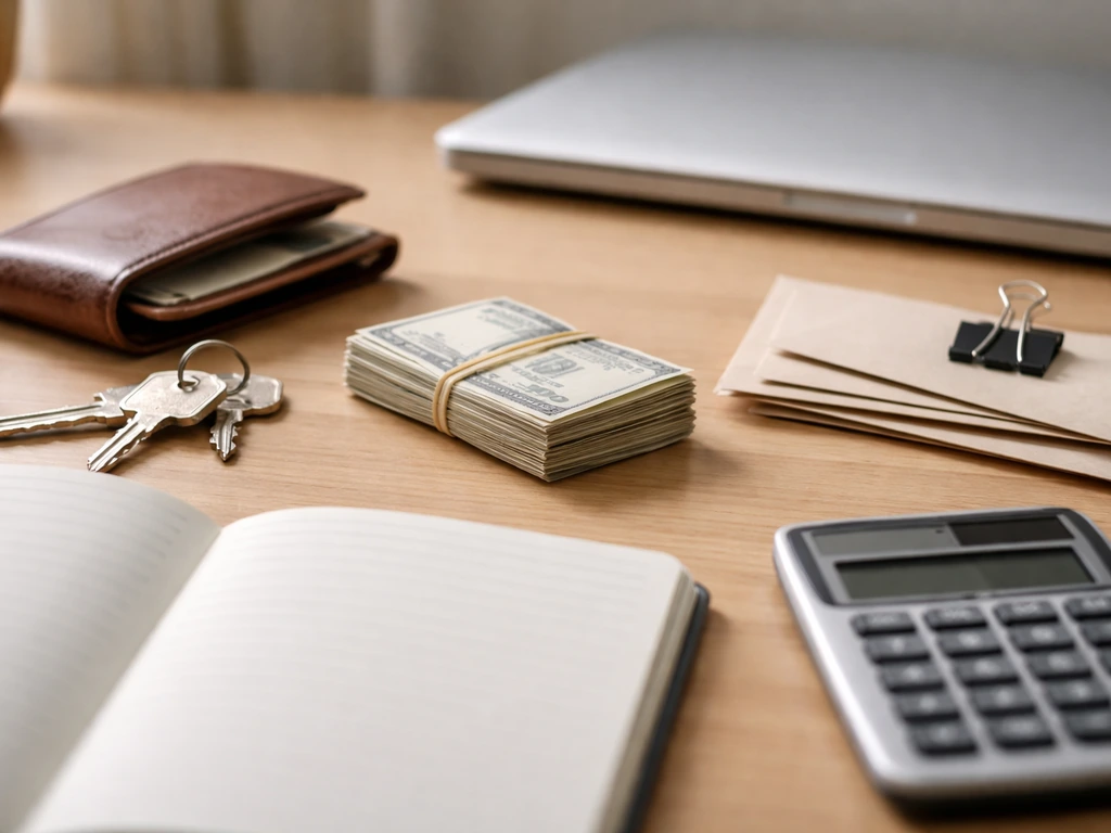 Close-up of a desk with scattered envelopes, a key, and a closed laptop beside wallet and calculator, minimal money them