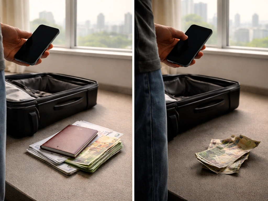 Minimal office scene with open suitcase and travel items, suggesting gains and currency instability contrast.