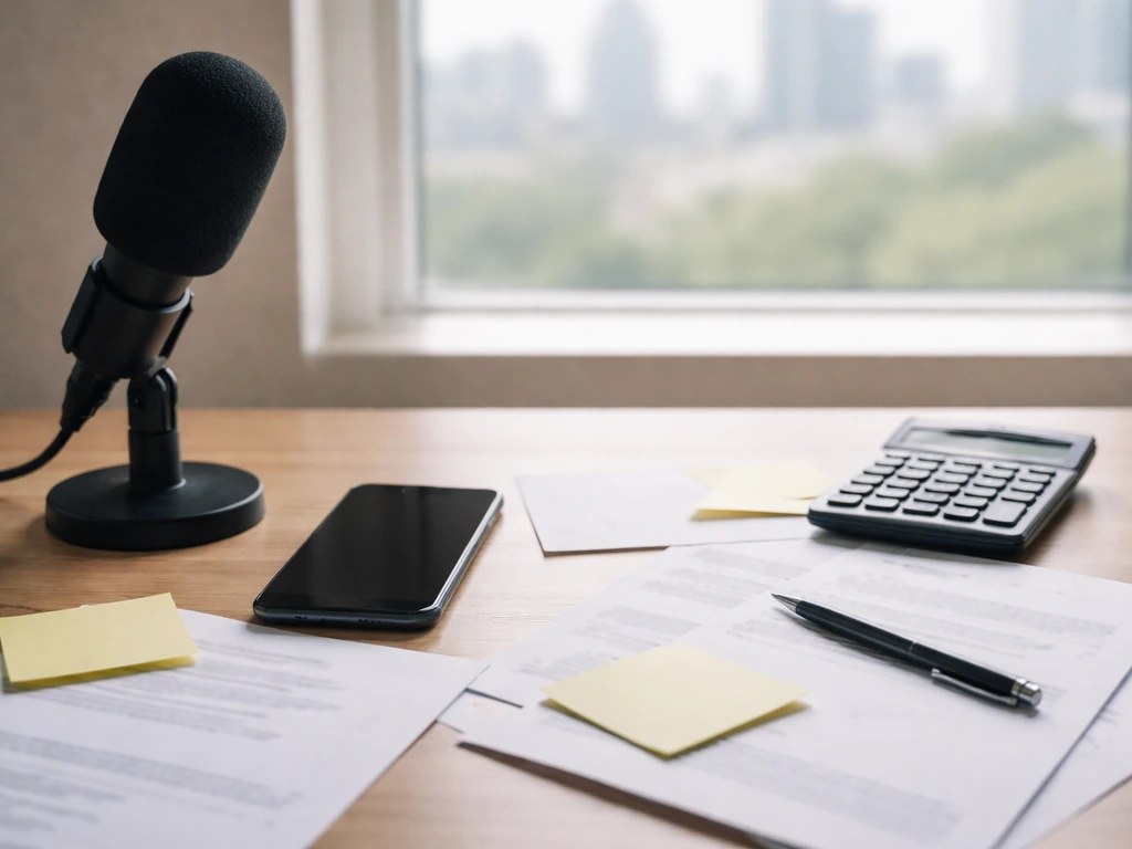 Anonymous desk scene with scattered notes, a smartphone, and a calculator beside a microphone, symbolizing net-worth est