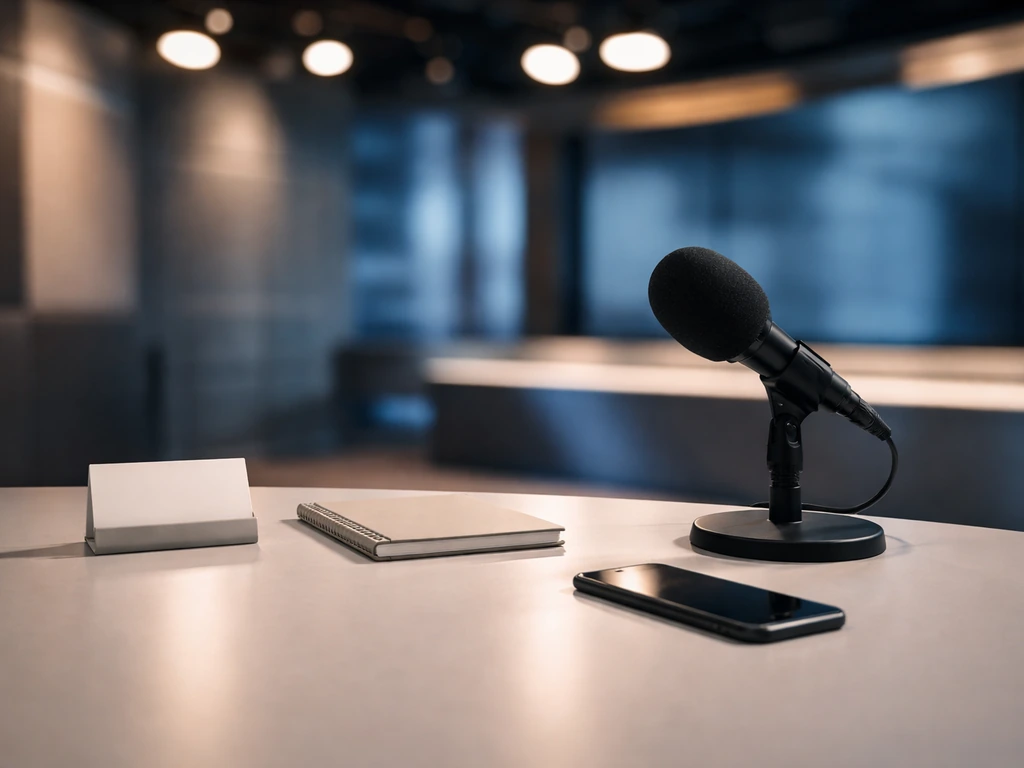 Minimal photo of a TV studio desk with a microphone and studio lights, symbolizing a career milestone timeline.