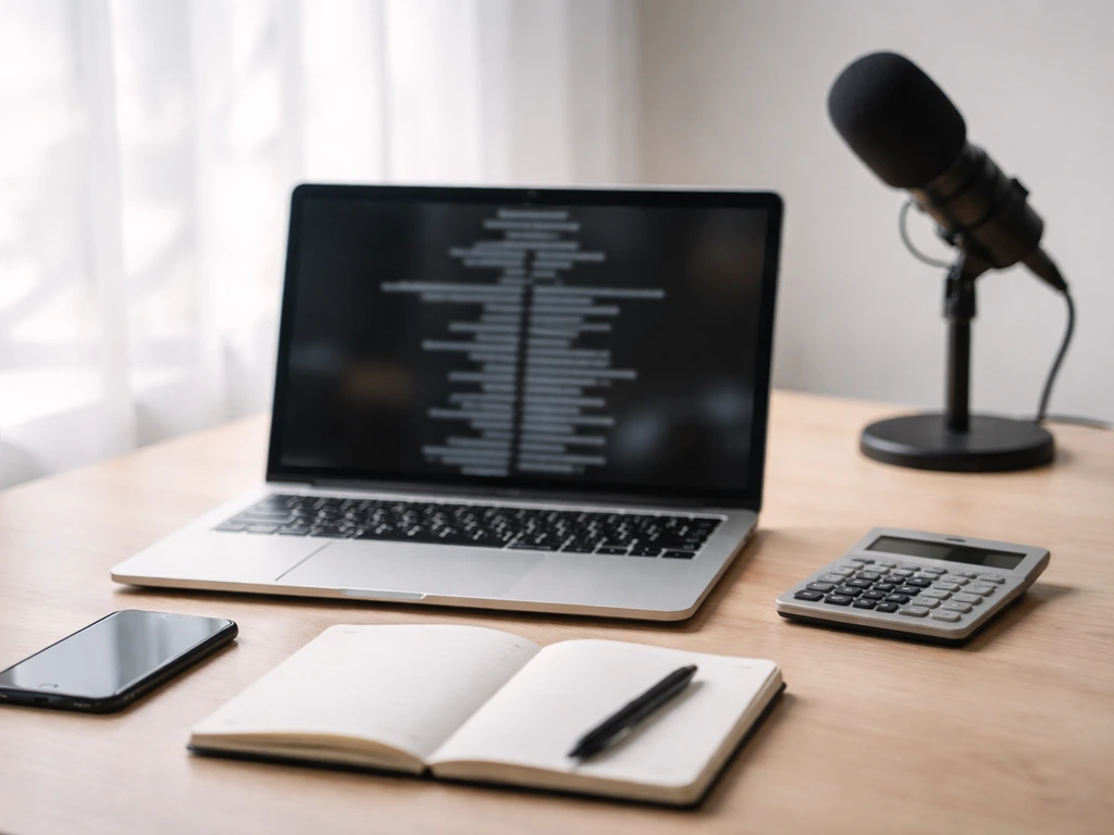 Minimal desk with laptop and phone showing blurred credits, plus notebook and microphone for figure verification.