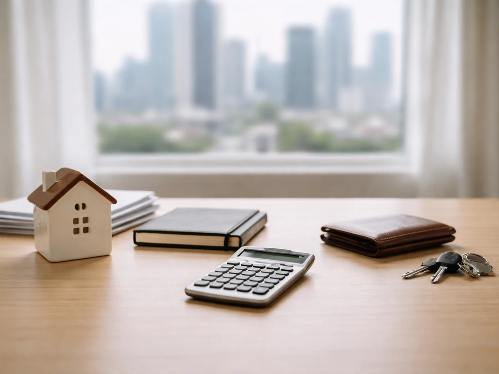 Minimal desk scene with calculator, wallet, keys, and a house-shaped piggy bank symbolizing assets minus liabilities.