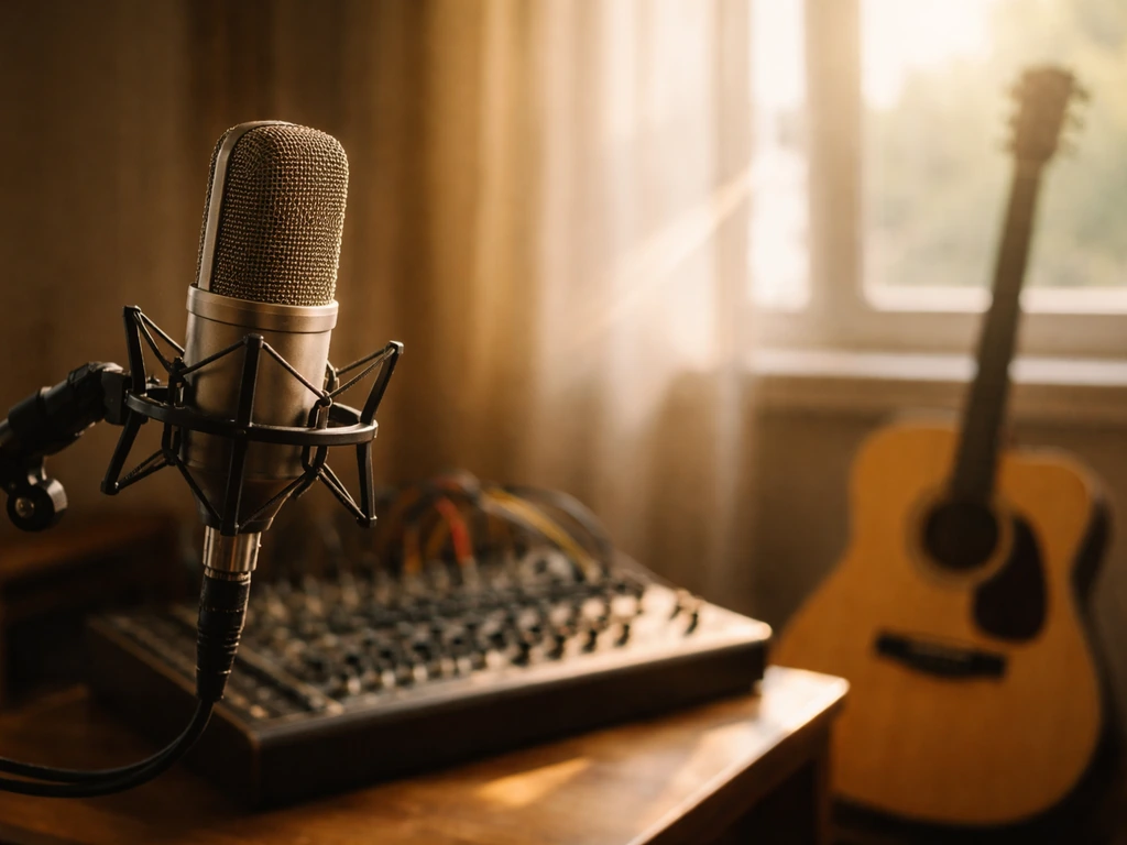 Warm-lit recording studio microphone and guitar symbolizing songwriting royalties and enduring music income.