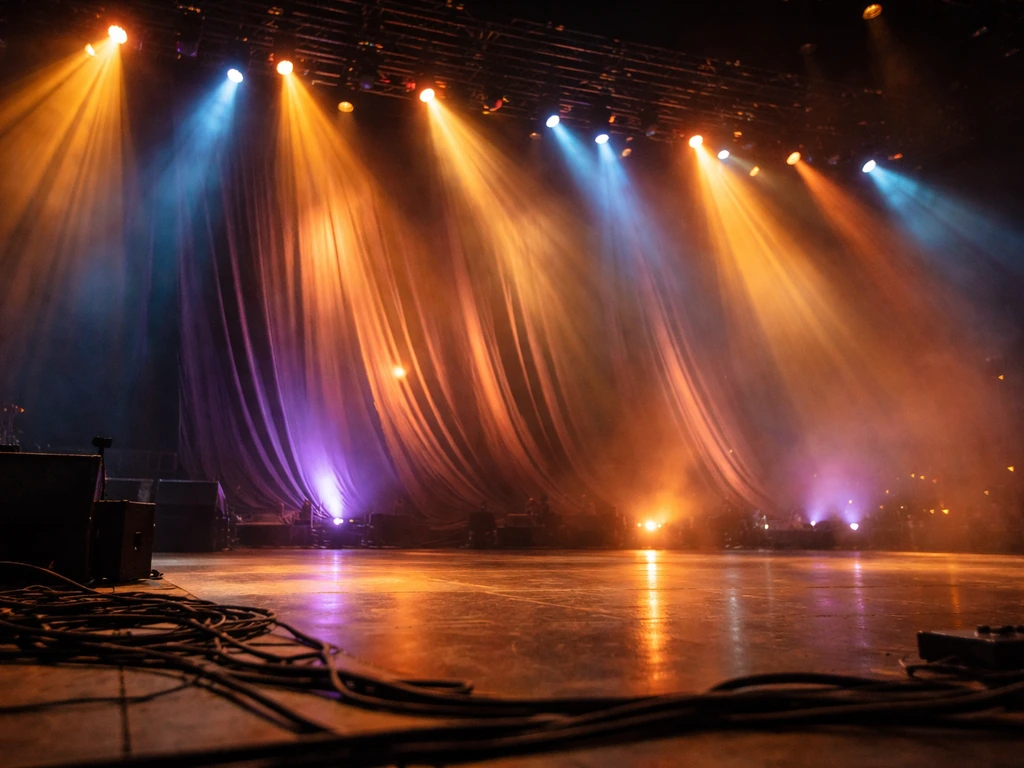 Close-up of a live worship concert stage with colorful lights and blurred moving backdrop curtains