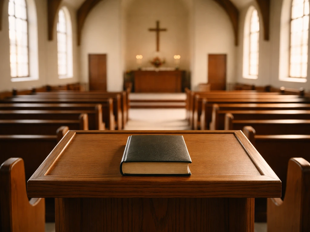 Minimal church sanctuary shot with a wooden lectern and closed Bible in soft natural light.