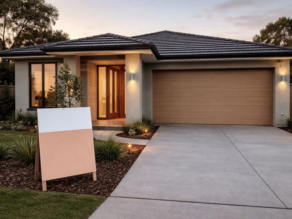 Suburban house exterior with a leaning real-estate yard sign near the driveway, no readable text.