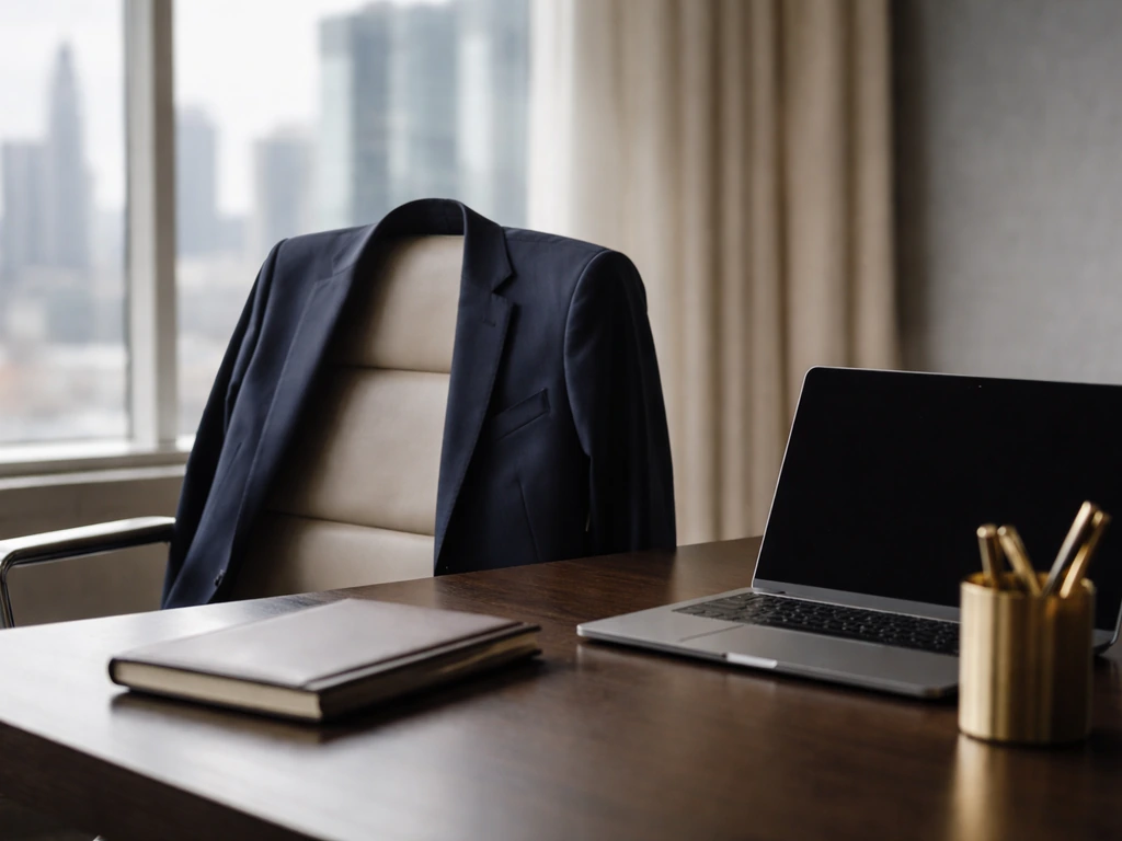 Minimal office scene with a fashion executive theme: tailored blazer on a chair beside a laptop and city window.