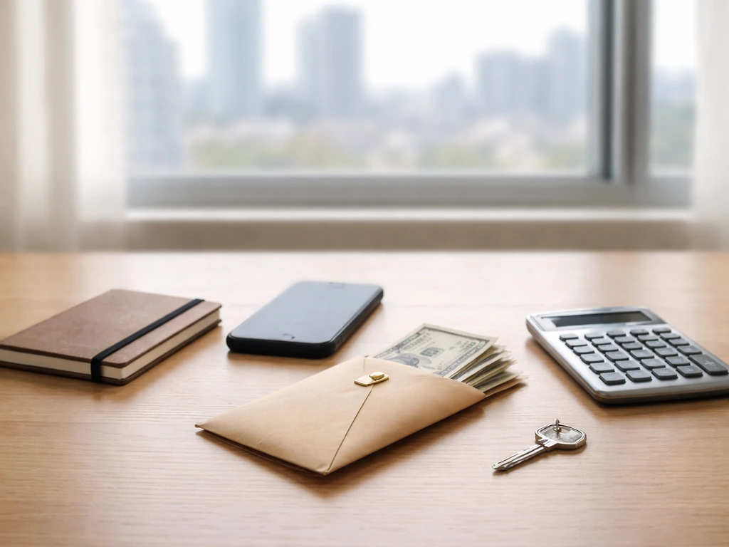 Minimal desk with cash envelope, calculator, notebook and phone, symbolizing a net worth estimate range.