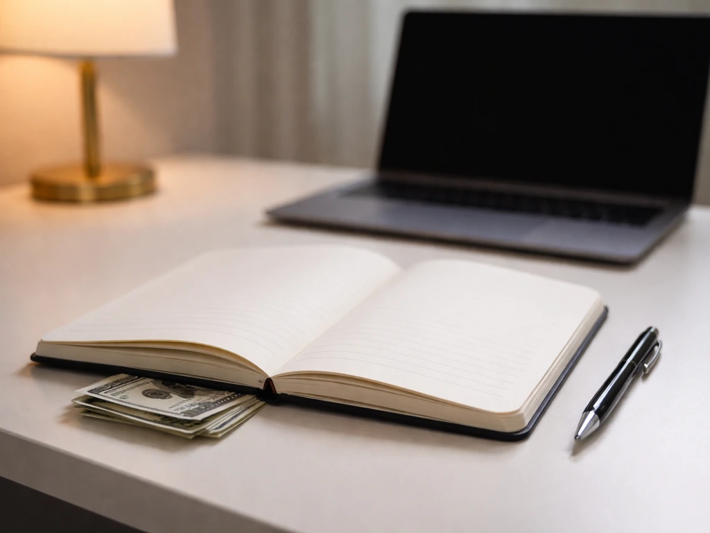 Minimal photo of an open notebook with a pen and a small stack of money beside a laptop, business-like setting.