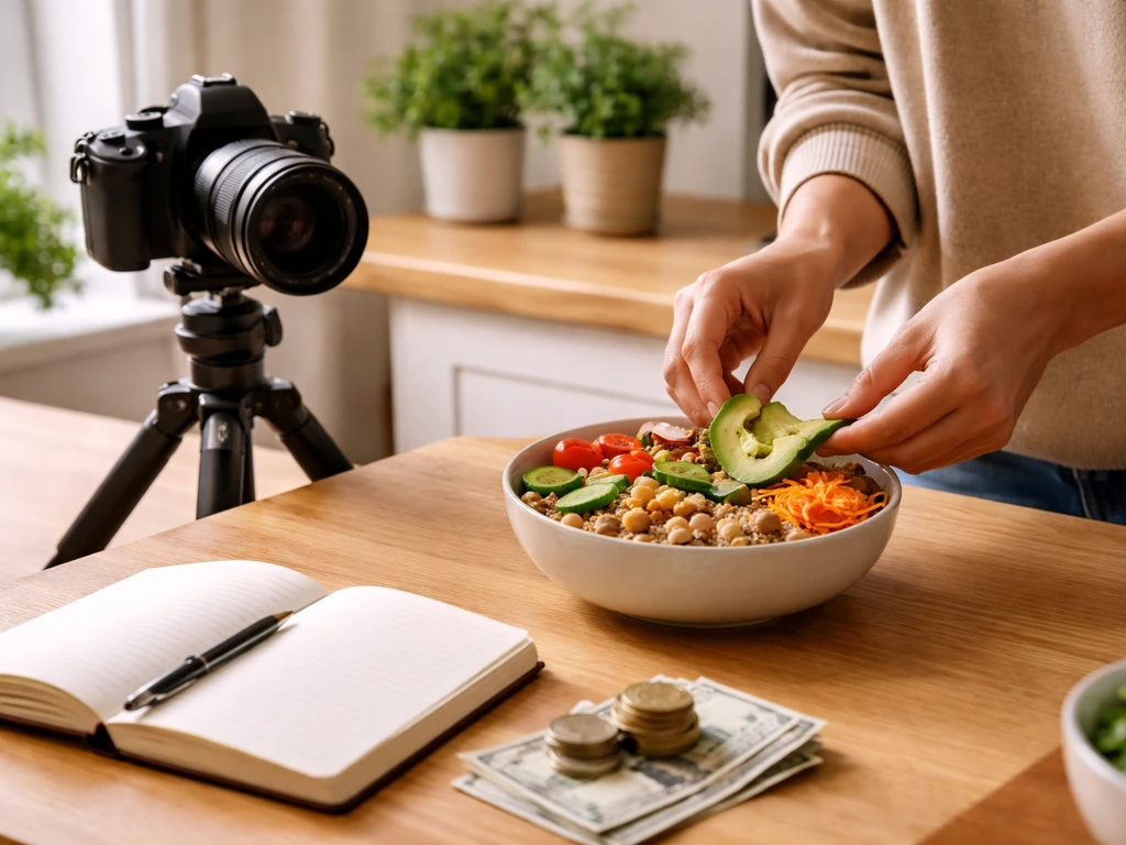 Minimal photo of a plant-based creator’s workspace with money details and a camera-ready setup