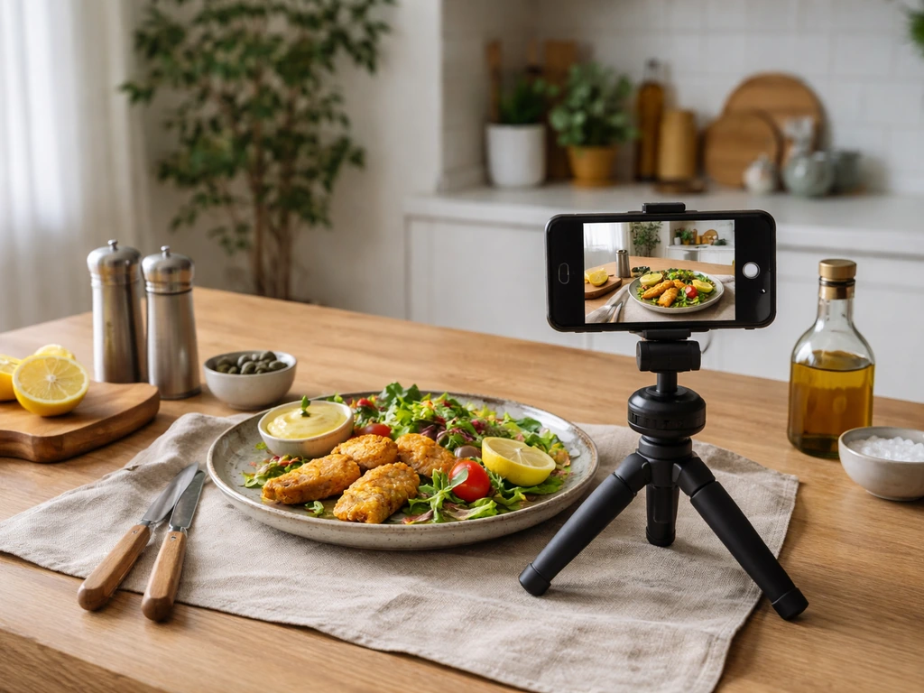 Minimal plant-based food content setup: a smartphone on a tripod over a prepared dish on a kitchen table.
