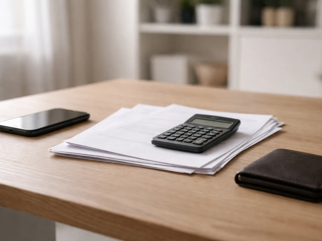 Minimal desk scene with scattered documents and a calculator, symbolizing model-based net worth estimation