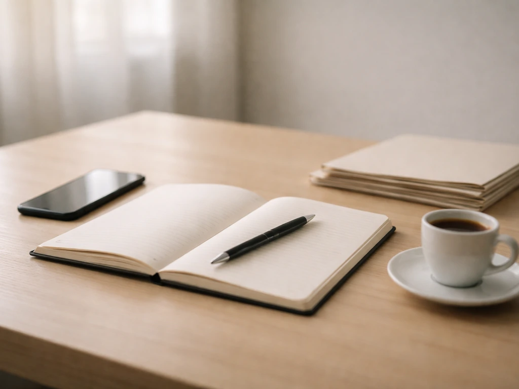 Minimal office desk with notebook, pen, and phone, symbolizing financial milestones and business growth.