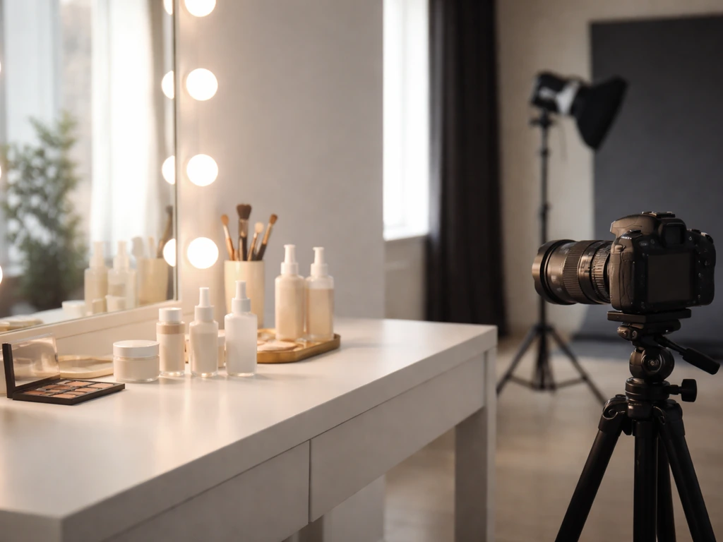 Minimal photo of a studio workspace with branded beauty products and a camera setup for commercials
