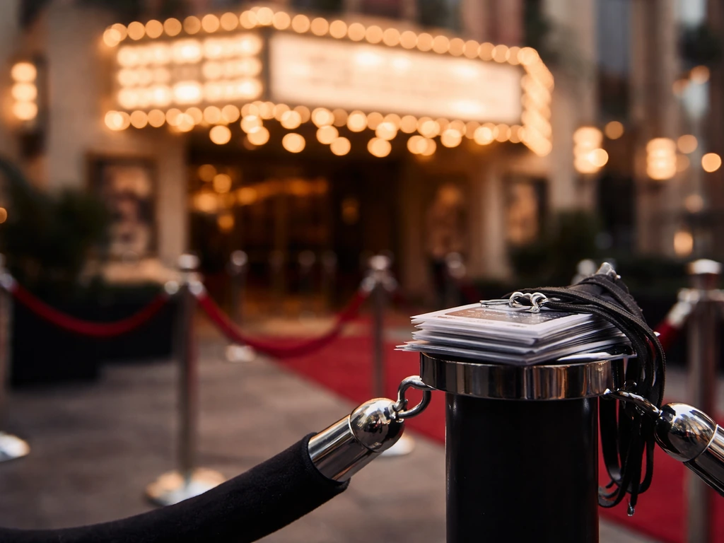 Empty movie-premiere entrance with velvet rope and press passes, studio lights in soft focus background.