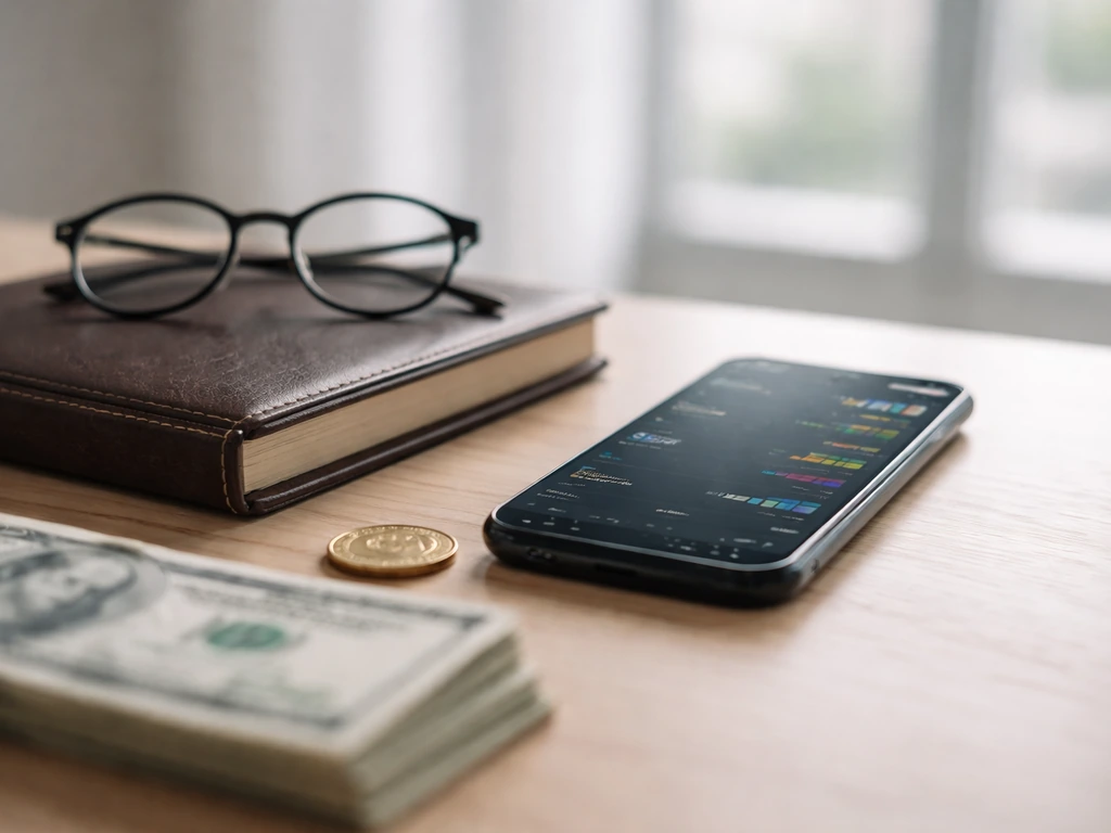 Minimal desk scene with money and finance analysis tools, suggesting net worth comparison without text.