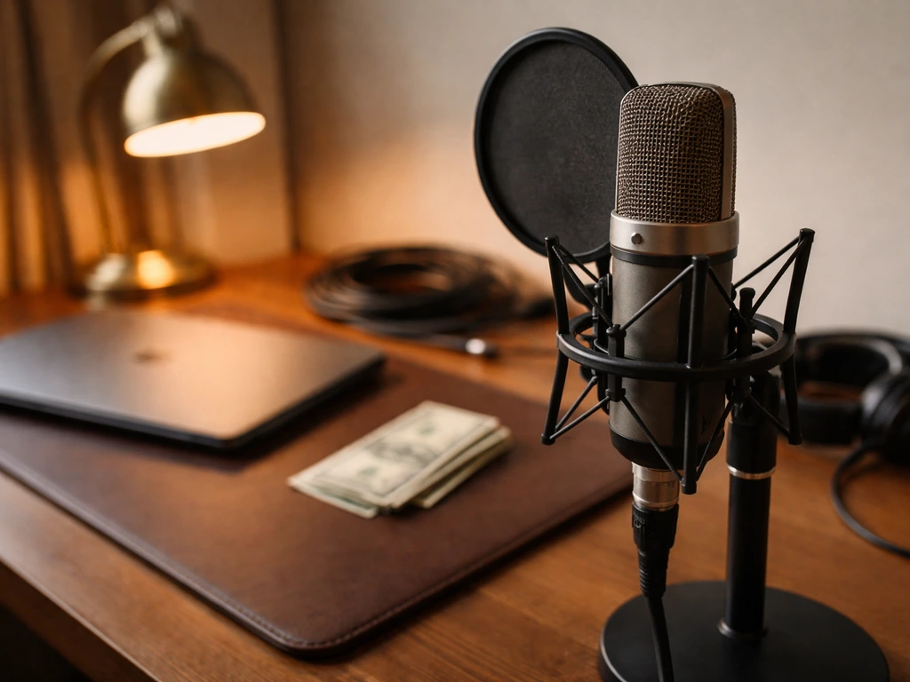 A luxury studio desk with a microphone and cash-free, symbolic wealth vibe for net worth estimate article