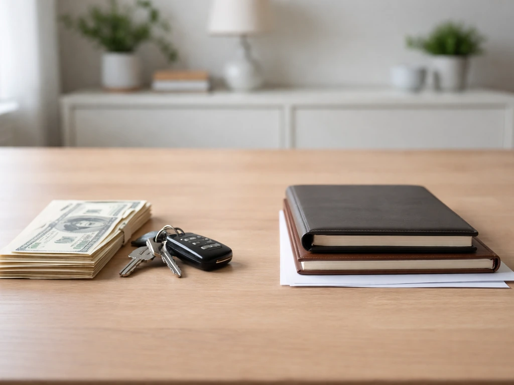 Minimal desk scene with asset-like items on one side and debt-like envelopes on the other.