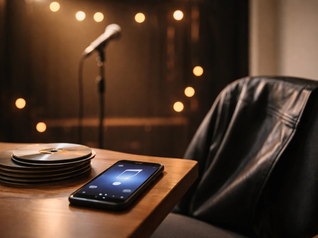 Smartphone near blank music media with a softly lit microphone in the background, suggesting streaming and performances.