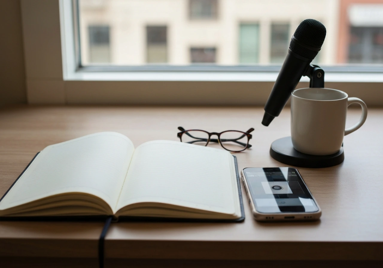 Minimal nonprofit office desk with notebook, phone, and microphone symbolizing social-impact media work.