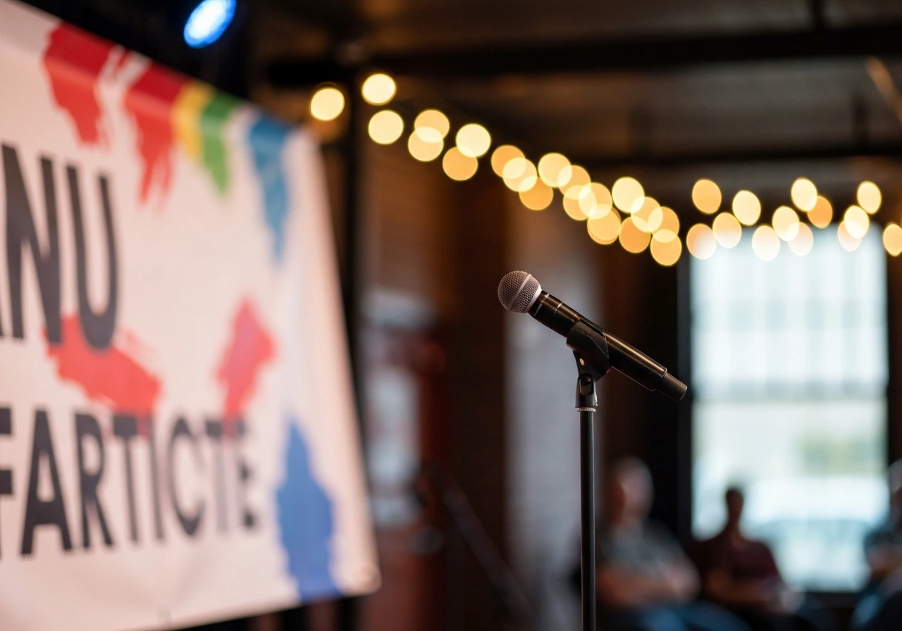 A community event stage with a microphone and colorful banner backdrop, audience lights blurred behind.