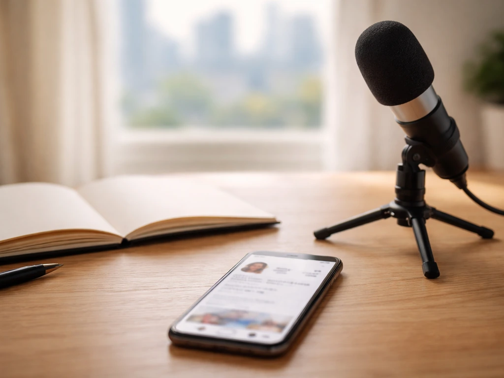 Close photo of a smartphone on a desk with studio microphone, suggesting social media profile verification.
