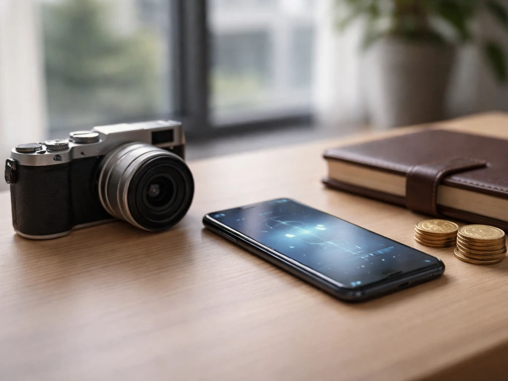 Minimal desk scene with camera, smartphone analytics glow, and scattered coins symbolizing multiple income streams.